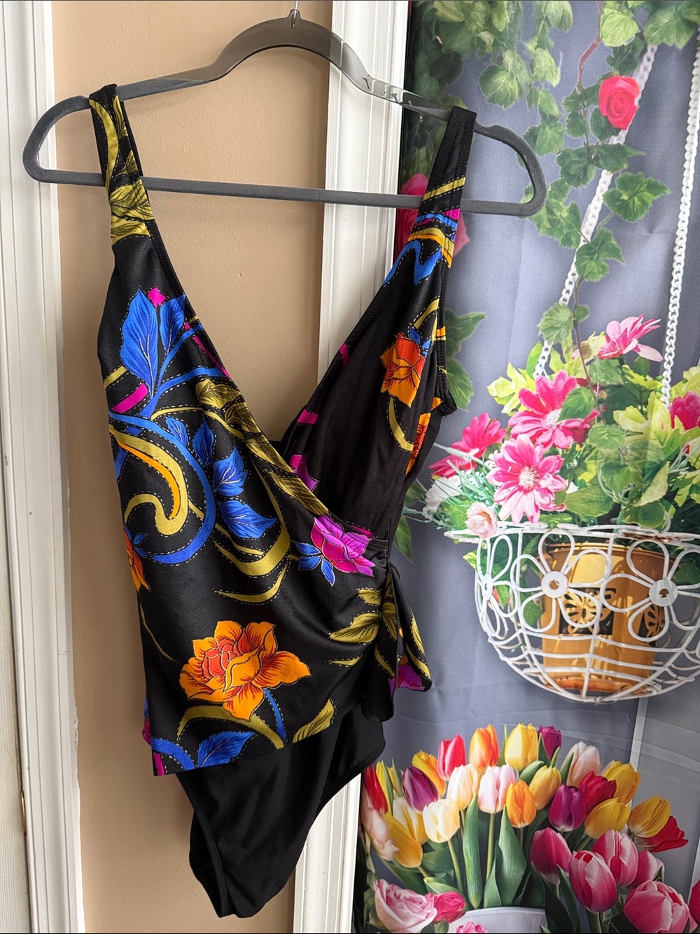 Black Floral One-Piece Swimsuit with Bright Multicolor Print